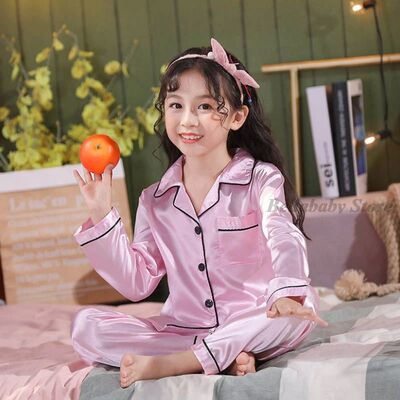 Kids Satin Pajama Sets Pink Gold Silk Pajamas Long Sleeve To