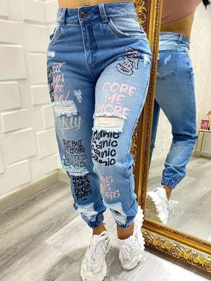 2022 New Letter Print Slant Pocket Ripped Jeans Casual Jeans