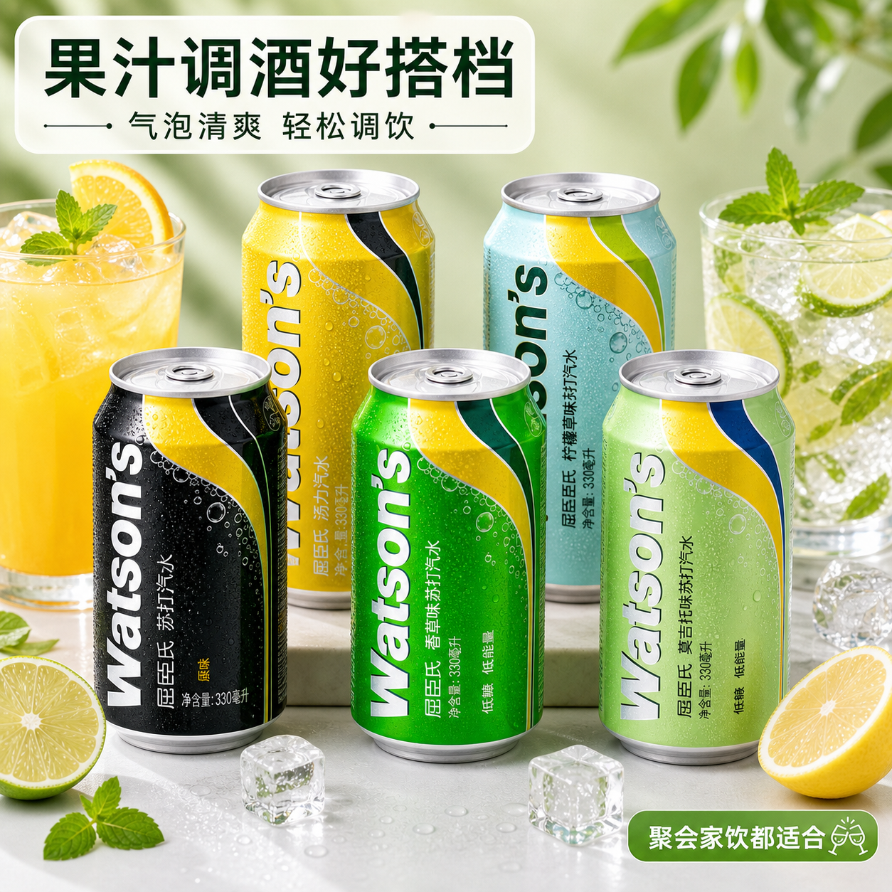 苏打水屈臣氏330ml 罐装原味柠檬香草莫吉托多口味无糖碳酸气泡水