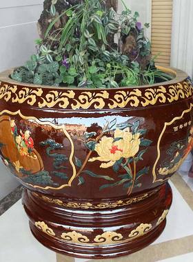 宜兴紫砂大水缸庭院装饰落地摆件金鱼缸假山造景纯手工传统图案