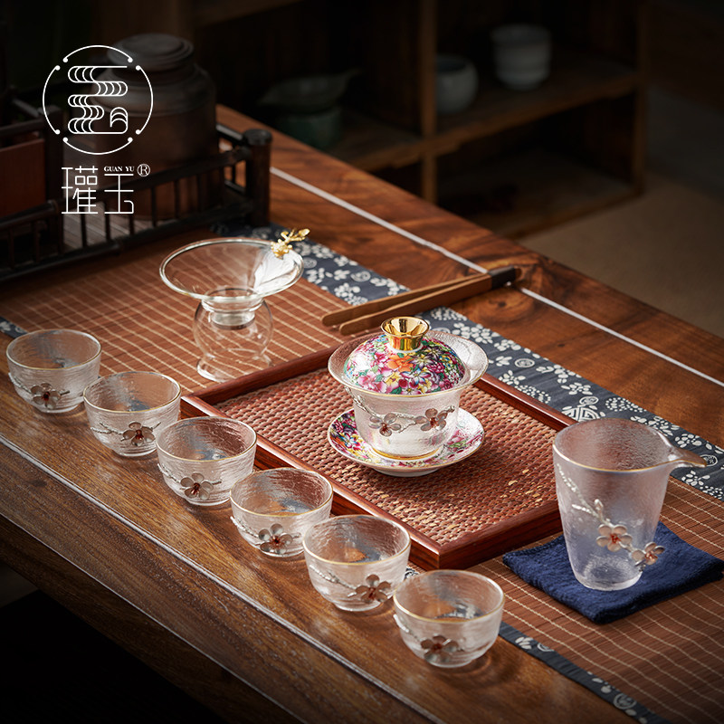 瓘玉珐琅彩玻璃盖碗茶杯大号镶锡三才茶碗高档茶具套装家用泡茶器