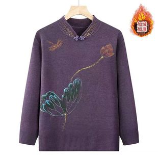 大红色新中式旗袍领妈妈装一体绒毛衣冬装保暖奶奶装针织打底衫