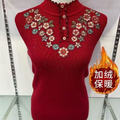 妈妈装红色刺绣花朵高领毛衣