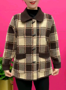 妈妈装秋冬加厚格子外套时尚洋气翻领宽松大码针织开衫毛衣外套