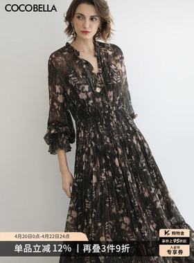 COCOBELLA金丝压褶花卉印花长袖连衣裙度假风雪纺长裙FR3075
