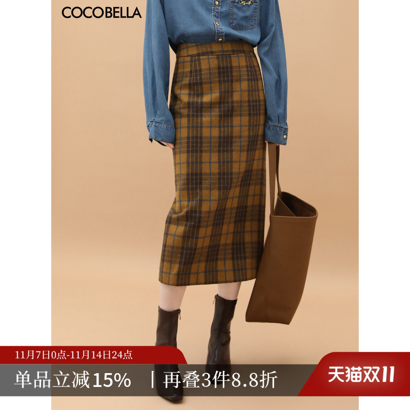 COCOBELLA复古格纹毛呢半裙