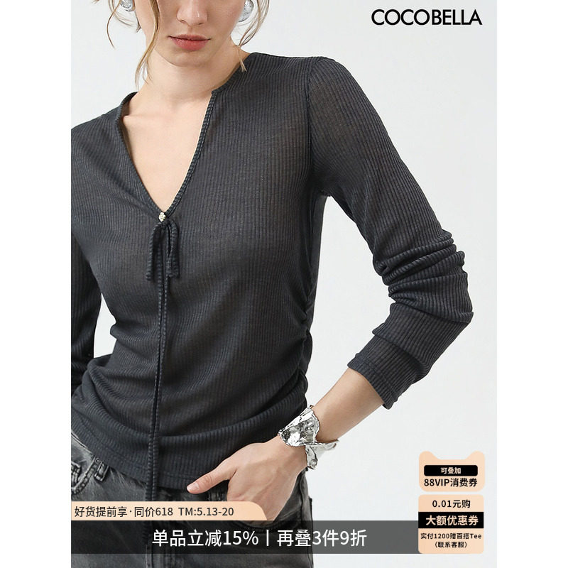 COCOBELLA亲肤微透视抽褶针织衫女V领内搭打底衫长袖T恤MZ3191-2