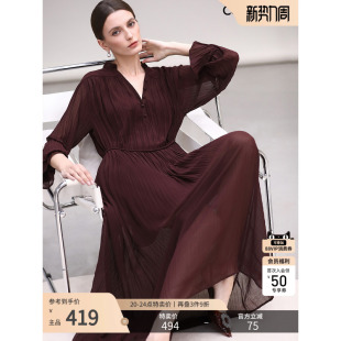 COCOBELLA气质酒红木耳领长袖 长裙FR7015 压褶连衣裙女OL通勤衬衫