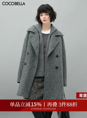 COCOBELLA灰色大翻领毛呢大衣女新款长毛绒呢子外套WL910A-2
