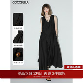 COCOBELLA静奢风V领无袖 连衣裙长裙玉石扣小黑裙通勤背心裙FR7008
