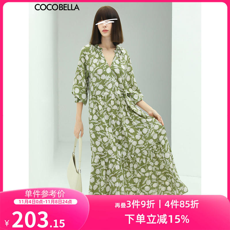 COCOBELLA田园度假风雪纺连衣裙女秋高腰遮肉印花茶歇裙FR113