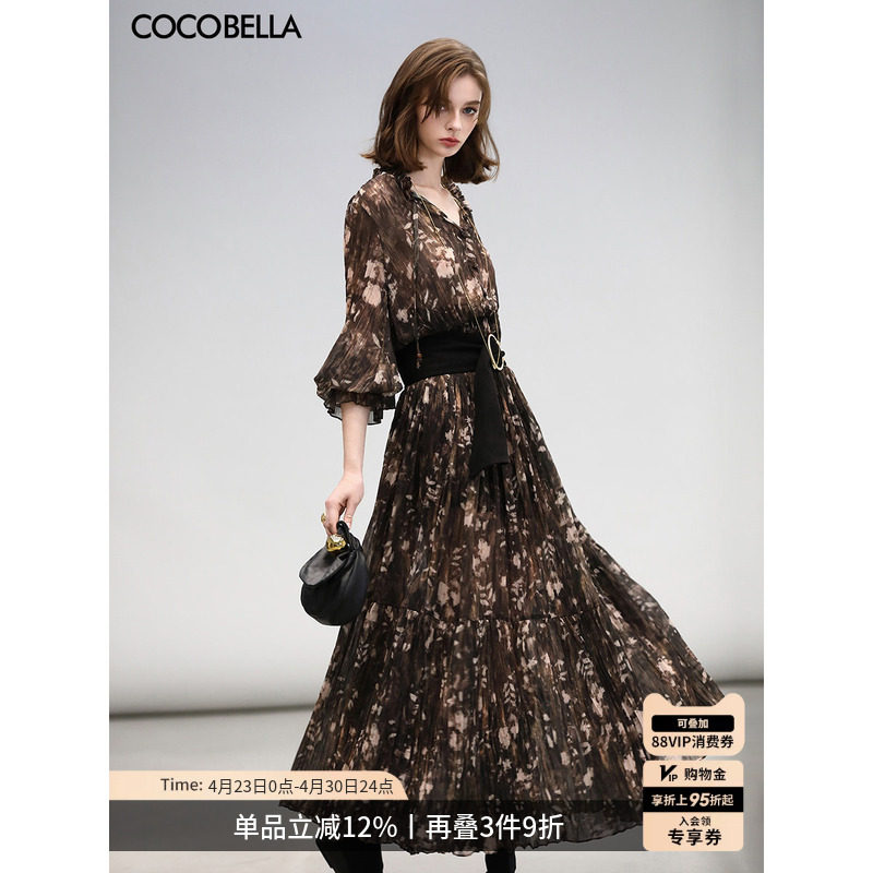 COCOBELLA复古金丝压褶印花连衣裙女度假风雪纺长裙FR30