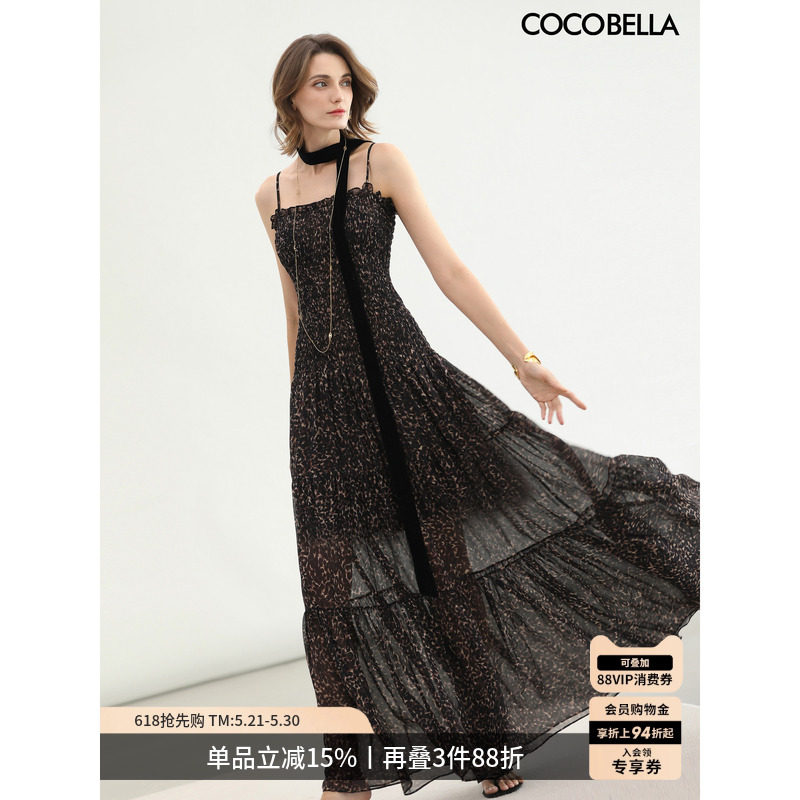 COCOBELLA女人味微透豹纹吊带连衣裙女品质感内搭长裙FR3213