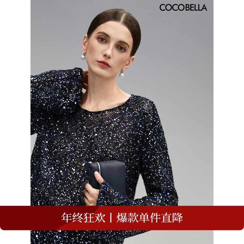【折扣季】COCOBELLA亮片上衣微透视针织衫秋轻奢套头罩衫MZ7038