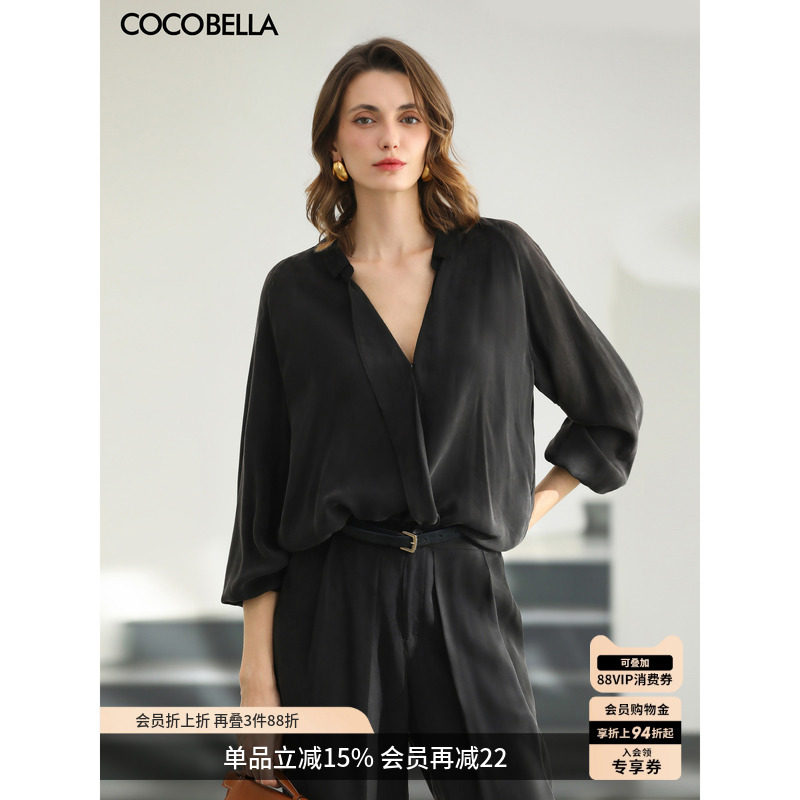 COCOBELLA轻奢铜氨丝衬衫女2026春夏通勤V领上衣简约黑衬衣SR915S
