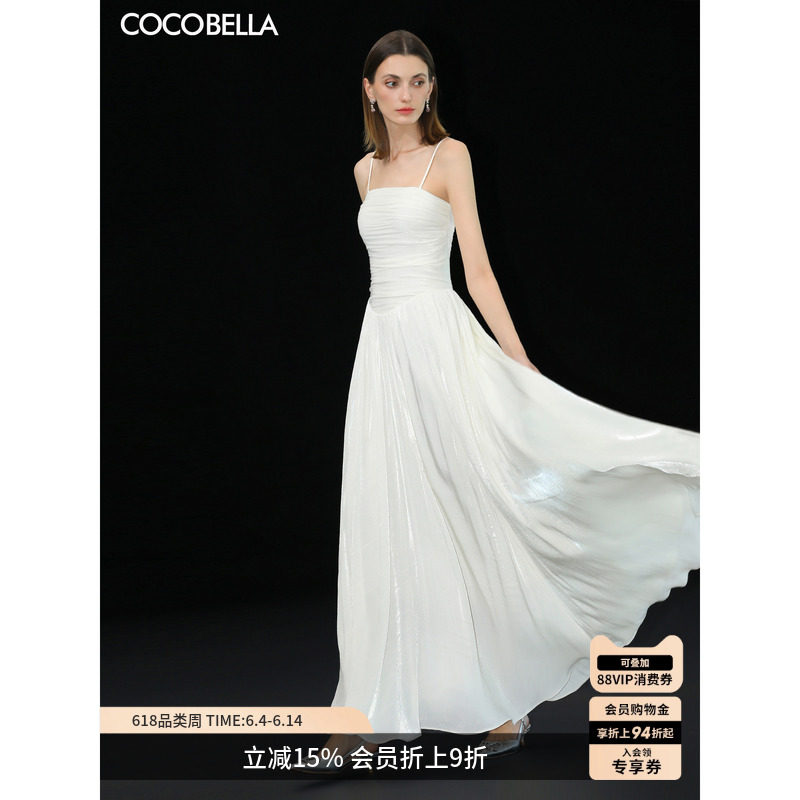 预售COCOBELLA高级感吊带连衣裙夏白色收腰轻礼服抹胸长裙FR0106