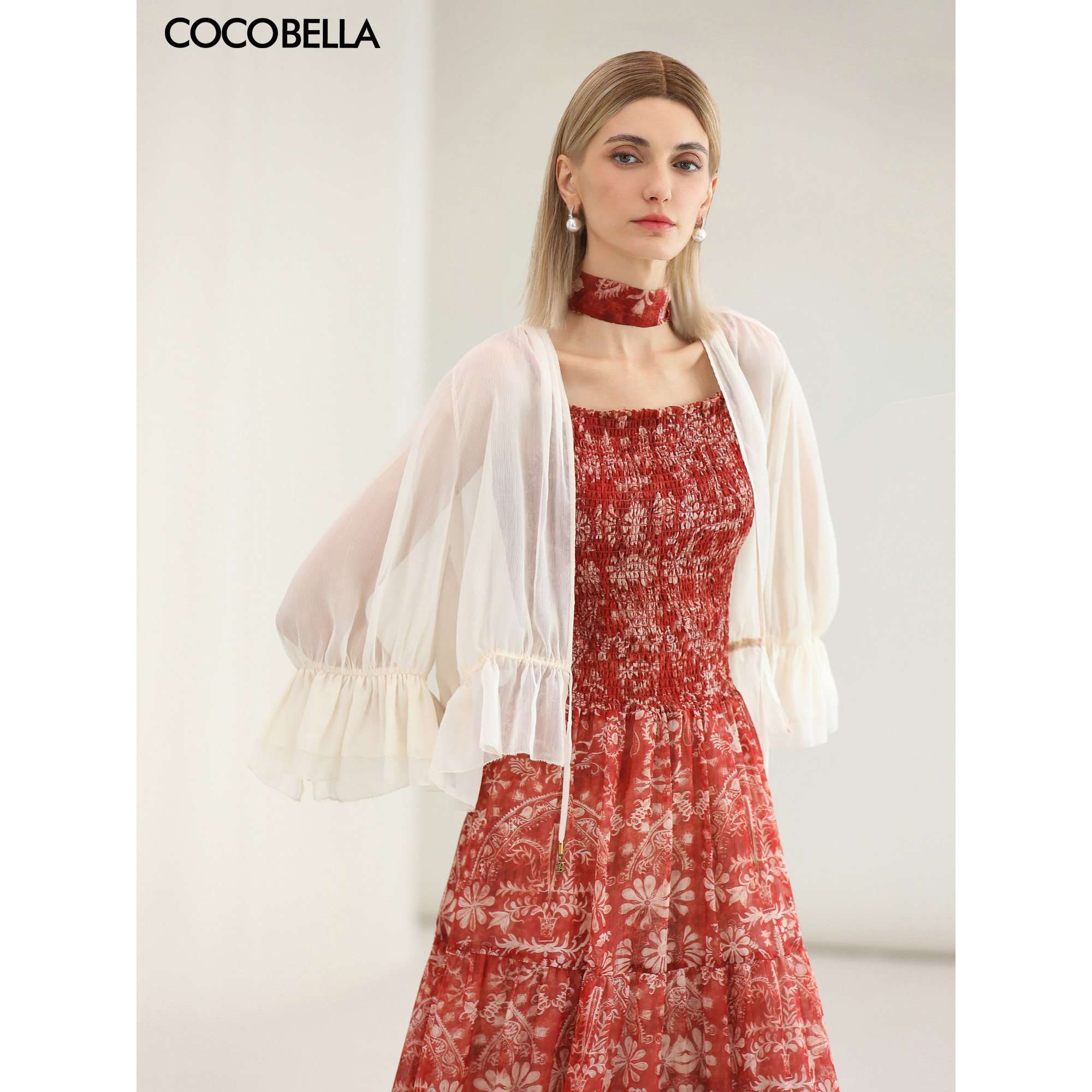 COCOBELLA5米对丝荷叶边雪纺衫