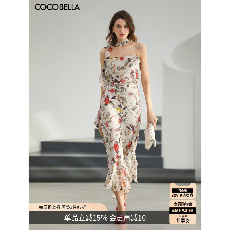 COCOBELLA女人味荡领印花连衣裙26夏雪纺丝巾长裙套装FR0085