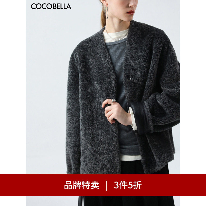 COCOBELLA仿拉贡皮毛一体夹克外套女秋冬短款环保皮草大衣FU7010