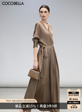 COCOBELLA围裹式丝光缎面长袖连衣裙女春轻奢风法式茶歇裙FR3010