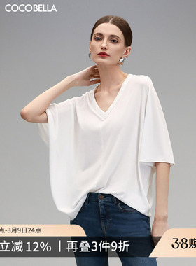 COCOBELLA简约微透视白色V领短袖T恤女夏宽松蝙蝠袖针织衫TS7081