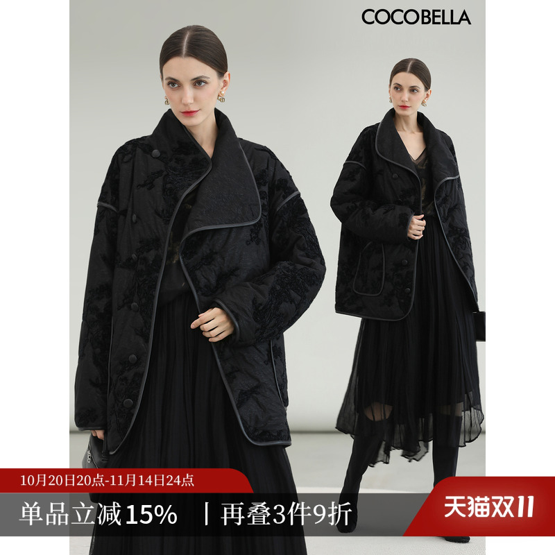 不对称大翻领丝绒盘花绣棉服