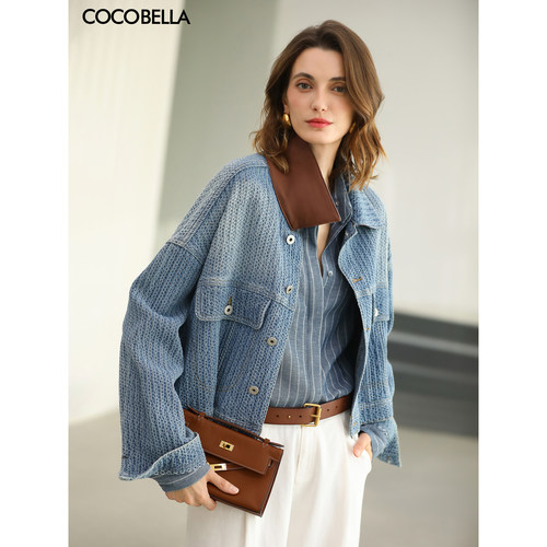 COCOBELLA设计感PU拼接牛仔外套女短款夹克上衣