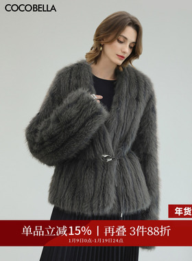 COCOBELLA高奢仿蓝狐丰盈环保皮草外套女冬腰带毛绒大衣FU3023-3