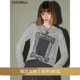 T恤女春花纱灰宽松舒适针织上衣TS44 预售COCOBELLA时尚 印花长袖