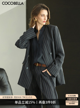 COCOBELLA高智感亚麻条纹西装女26春气质无领通勤外套SI3227