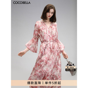 COCOBELLA设计感玫瑰花苞腰绳印花雪纺连衣裙吊带裙两件套FR176