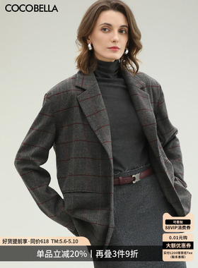 COCOBELLA复古人字纹格子西装女春气质通勤微廓西服外套SI7002-3
