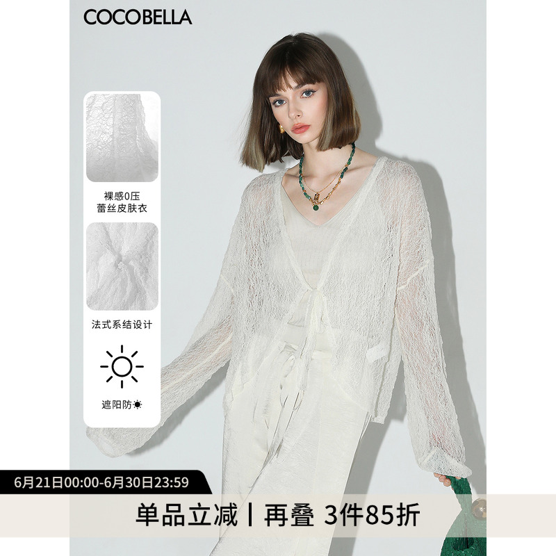COCOBELLA精致镂空微透视针织开衫蝙蝠袖遮阳蕾丝衫SC3009