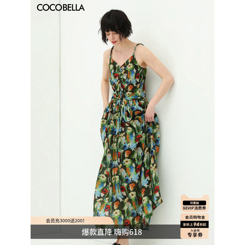 COCOBELLA油画风印花抽褶吊带裙女飘逸气质连衣裙沙滩长裙FR565