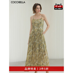 COCOBELLA侘寂风印花压褶吊带油画连衣裙长裙FR0015 3件5折