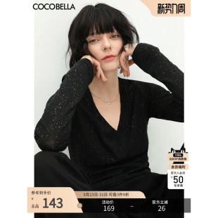 女上衣T恤TS642 V领打底衫 COCOBELLA两穿领型满天星亮片针织衫 时尚