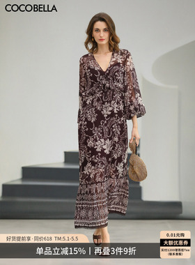 COCOBELLA度假风印花雪纺连衣裙女26春V领浪漫大摆长裙FR3210