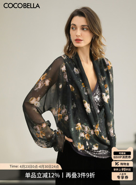 COCOBELLA设计感不对称雪纺衫女优雅荡领微透衬衫印花上衣LC0062