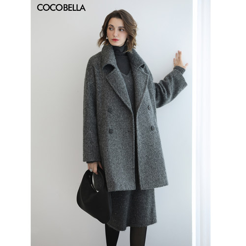 仿水波纹灰色大翻领毛呢大衣