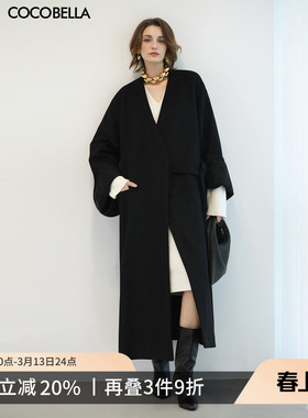 COCOBELLA黑色假两件长款羊毛呢子大衣女OL通勤毛呢外套WL3228-2