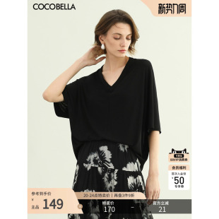 TS7081 针织衫 T恤女蝙蝠袖 COCOBELLA慵懒风微透视V领黑色短袖