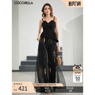 PA0048 女2026春夏国风长裤 预售COCOBELLA新中式 黑金雪纺阔腿裙裤