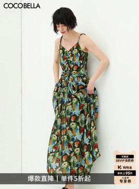 COCOBELLA油画风印花抽褶吊带裙女飘逸气质连衣裙沙滩长裙FR565