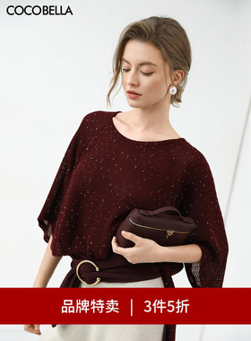 【3件5折】COCOBELLA安可拉红蝙蝠袖烫钻镂空针织衫开叉T恤TS3037