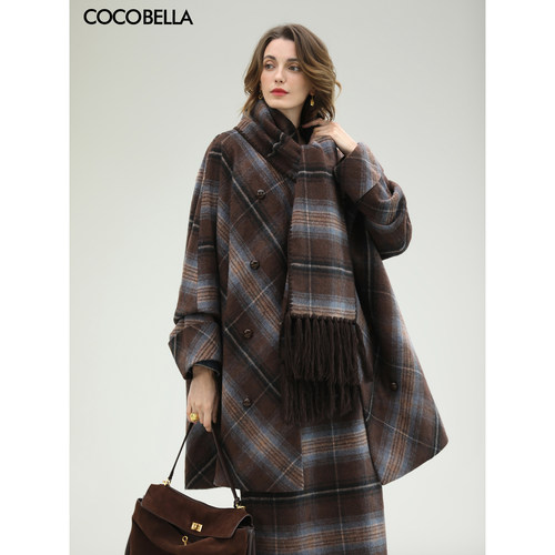 贝壳绣流苏围巾格纹羊毛大衣