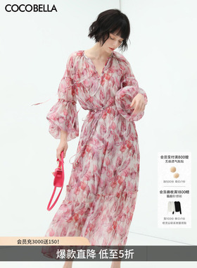 COCOBELLA时尚玫瑰花苞腰绳印花连衣裙吊带裙两件套长裙FR176-2