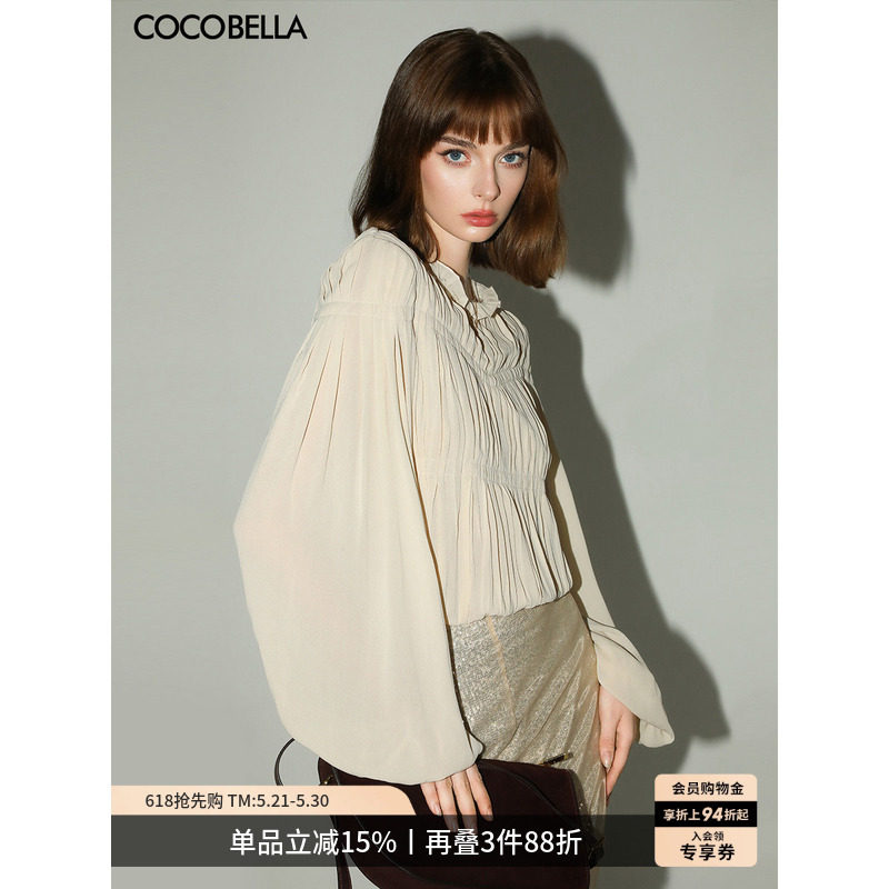 COCOBELLA气质名媛风手工压褶木耳边衬衫女26春飘带衬衣SR7062-2