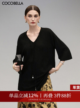COCOBELLA镂空提花V领系带五分袖针织衫女松弛感黑色T恤TS3002