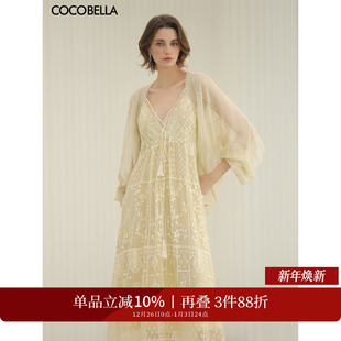 COCOBELLA万针刺绣炒色流苏仙女连衣裙蕾丝拼接吊带裙长裙FR0079