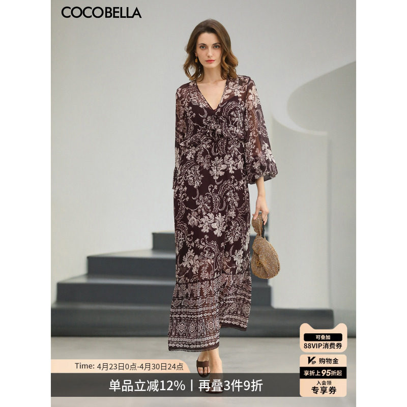 COCOBELLA度假风印花雪纺连衣裙女26春V领浪漫大摆长裙F